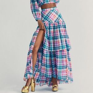 🆕LoveShackFancy ANDREA MALIBU DREAM BLUE PLAID TIERED RUFFLE MAXI SPLIT SKIRT